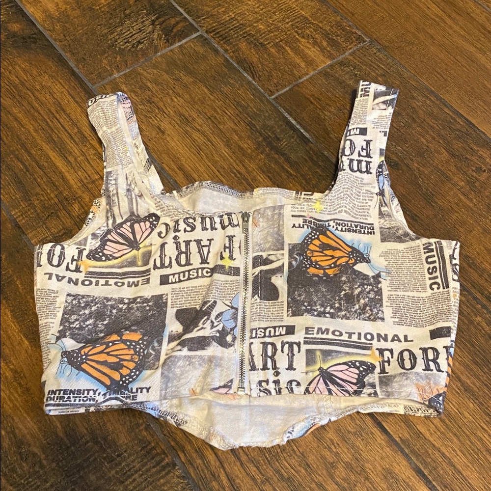 SHEIN Newspaper Print Crop Top with Butterfly Design